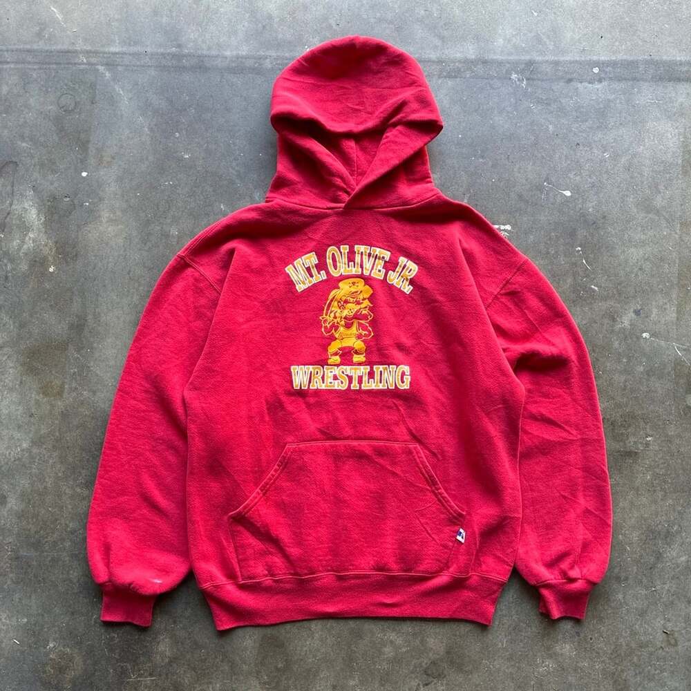 1980’s Boxy Russell Athletic Mt Olive Jr Wrestling Hoodie Size M Red